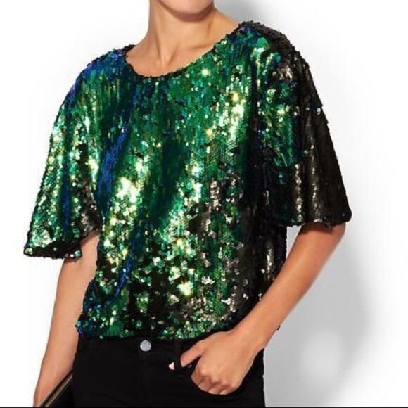 Sister Jane Tops - Sister Jane Sequin Boxy Crop Top Women's Medium Green Black Mermaid Concert